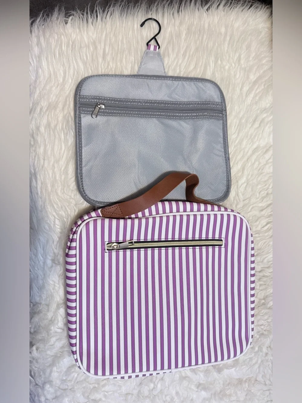 Purple & White Striped Cosmetic Travel Case with Top Handle
